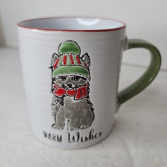 Madison Studio Cat Warm Wishes Winter Holiday Mug  Appx 4 x 3.5 in - Picture 1 of 6